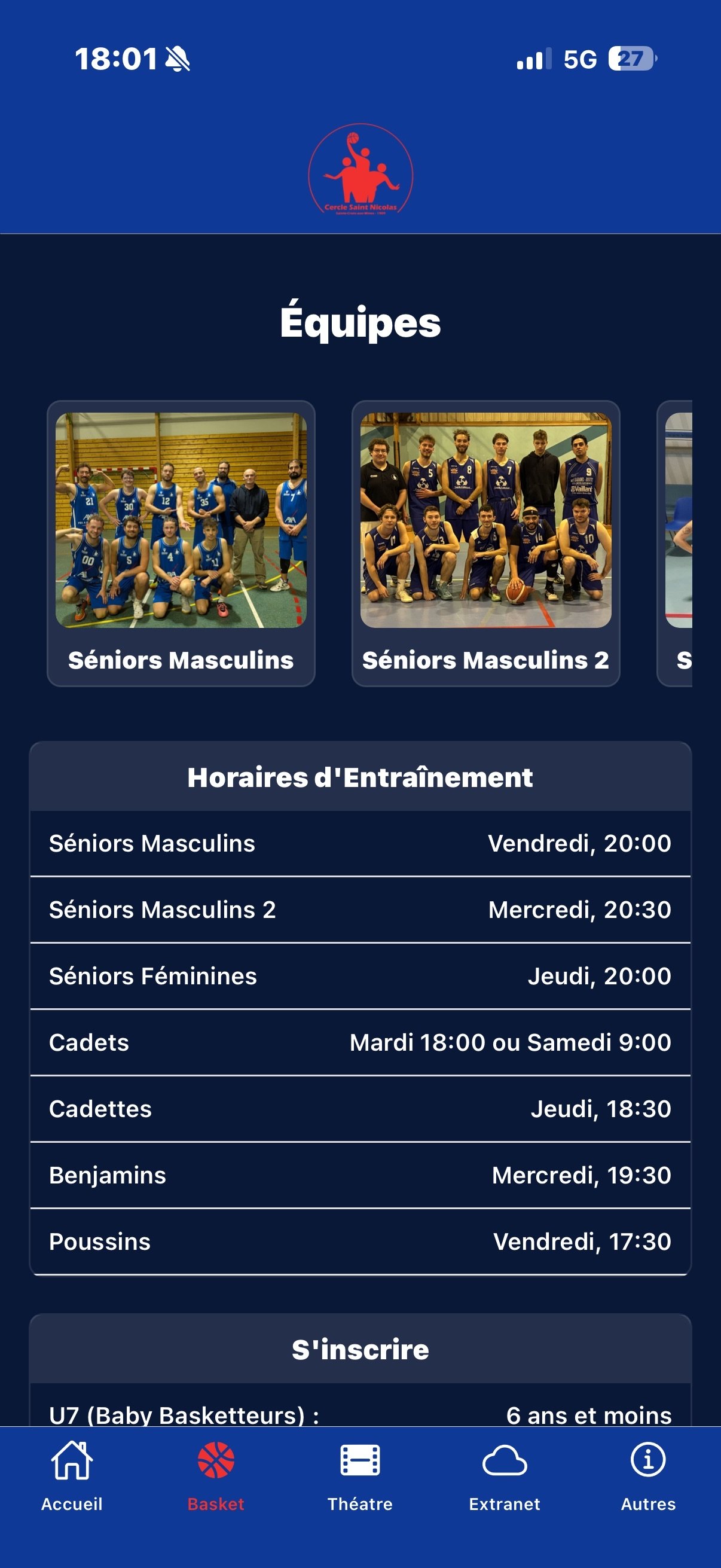 Page équipes et horaires d'entraînement