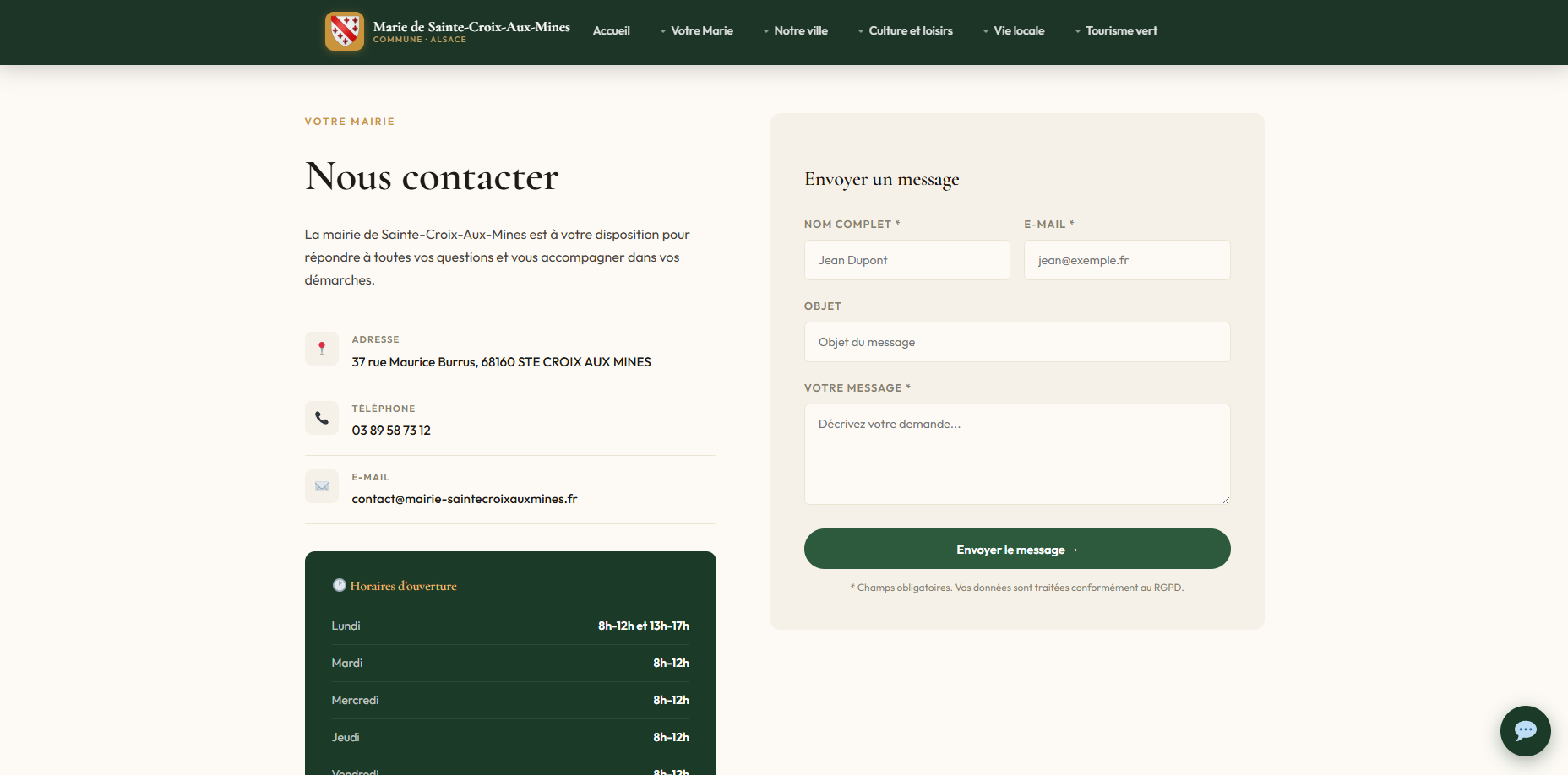 Contact · Formulaire, coordonnées et horaires d'ouverture